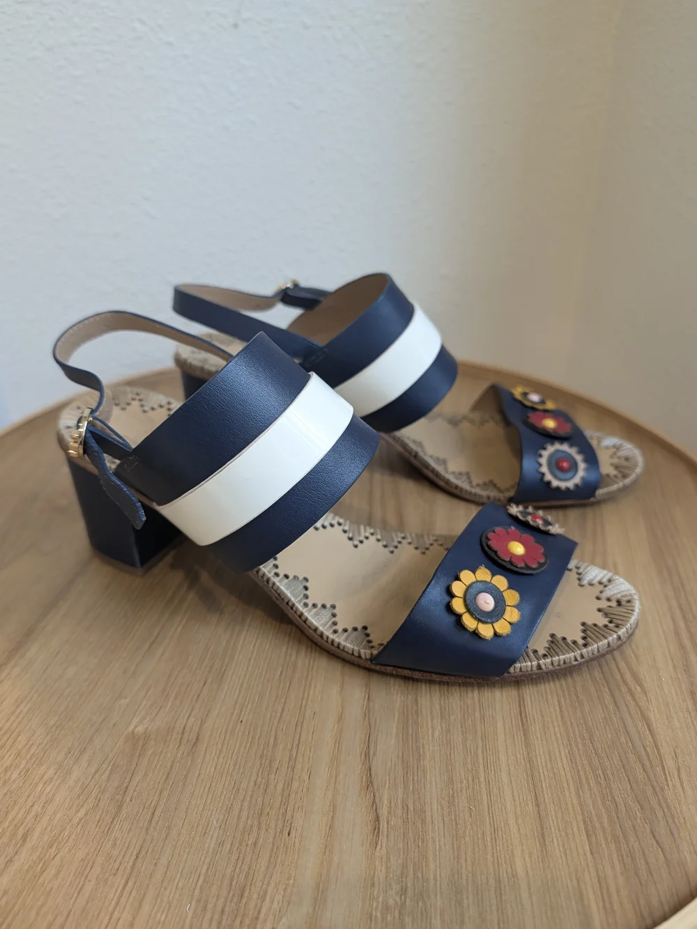 Tory Burch Navy and White Floral Appliqué Block Heel Sandals